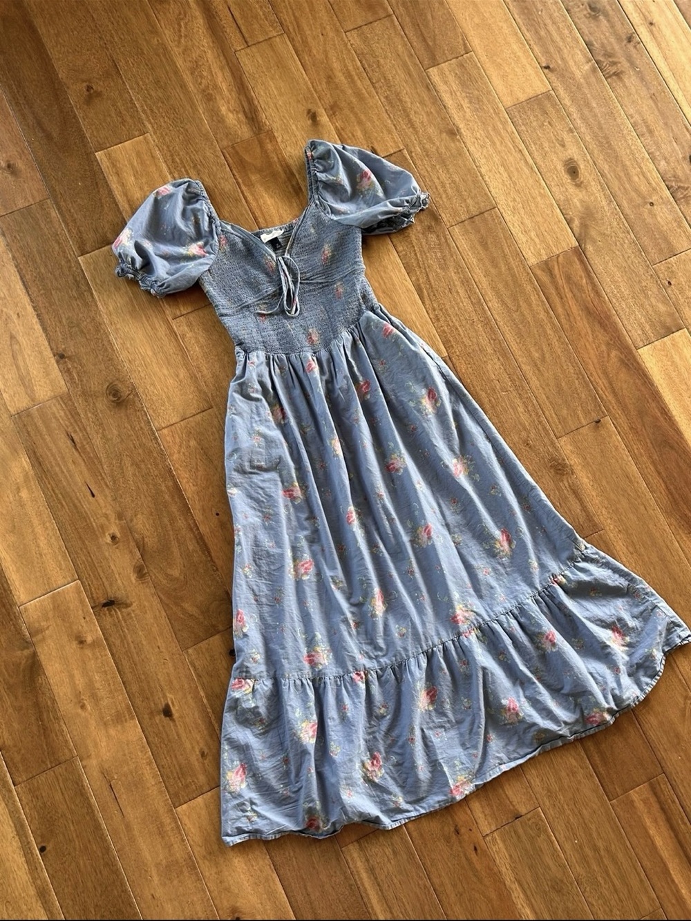 Universal Thread Blue Floral Smocked Maxi Dress XS Cottagecore Boho Pockets
